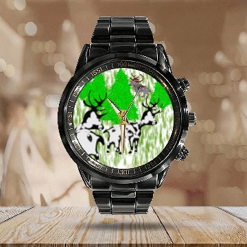 Discover Whimsical Forest Moose with Reindeer Calendar Steel Band Watch