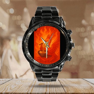 Discover Fiery Phoenix with Ramen Bowl Calendar Steel Band Watch