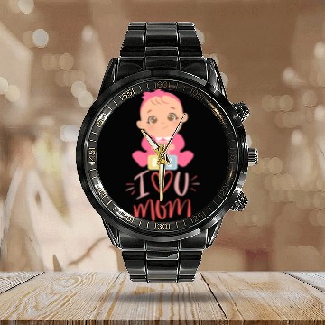 Discover Cute Baby Girl with I Love Mom Message Calendar Steel Band Watch