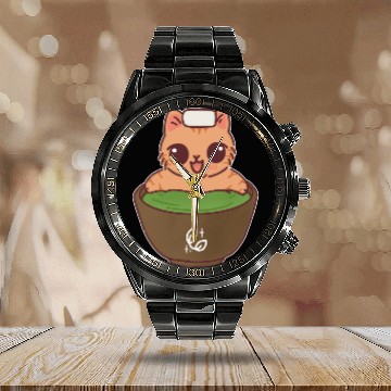 Discover Kawaii Cat in Matcha Onsen Calendar Steel Band Watch