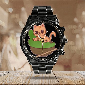 Discover Kawaii Cat in Matcha Tea Bowl Calendar Steel Band Watch