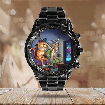 Discover Gaming Cat VS Goat Calendar Steel Band Watch