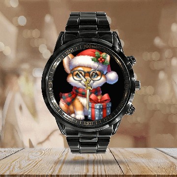Discover Festive Holiday Pug with Glasses and Gift Calendar Steel Band Watch