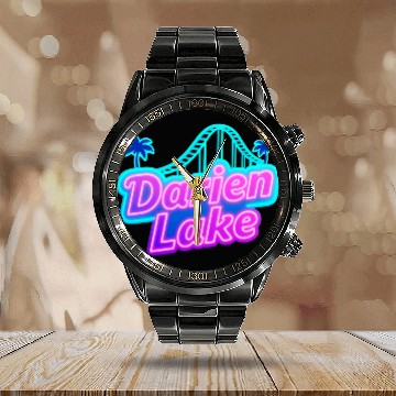 Discover Neon Daren Lake Sign with Roller Coaster and Palms Calendar Steel Band Watch