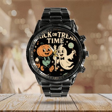 Discover Whimsical Halloween Trick or Treat Illustration Calendar Steel Band Watch
