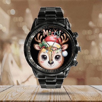 Discover Rudolph Reindeer Watercolor Cozy Holiday Art Calendar Steel Band Watch