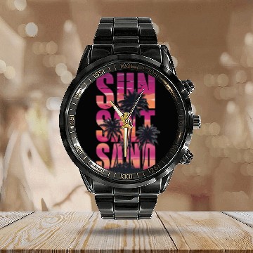 Discover Sunset Palm Tree Silhouette Design Calendar Steel Band Watch