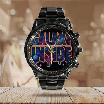 Discover Galaxy Inside Cosmic Typography Calendar Steel Band Watch