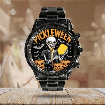 Discover Pickleween Pickleball Player Funny Halloween Calendar Steel Band Watch