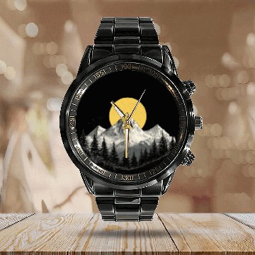 Discover Mountain Silhouette with Full Moon Calendar Steel Band Watch