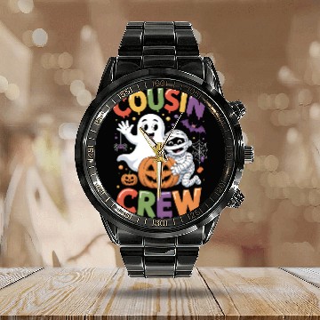Discover Halloween Cousin Crew with Cute Mummy and Ghost Calendar Steel Band Watch