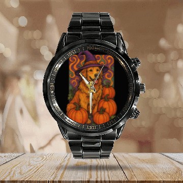 Discover Halloween Wizard Golden Retriever with Pumpkins Calendar Steel Band Watch