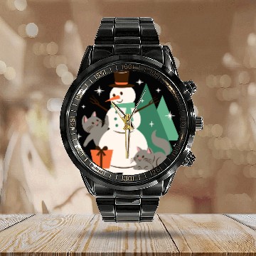 Discover Festive Snowman with Cats and Pine Trees Calendar Steel Band Watch