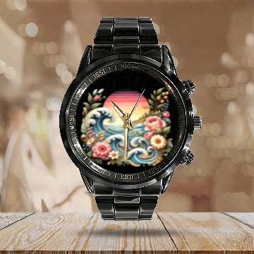 Discover Elegant Wave and Floral Sunset Scene - GOD IS GOOD Calendar Steel Band Watch