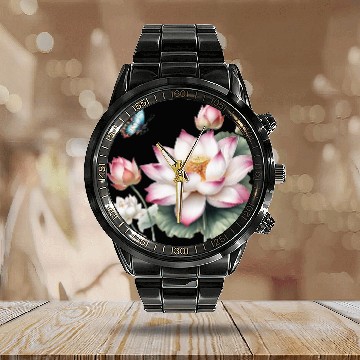 Discover Light Pink Lotus and Butterflies  Calendar Steel Band Watch