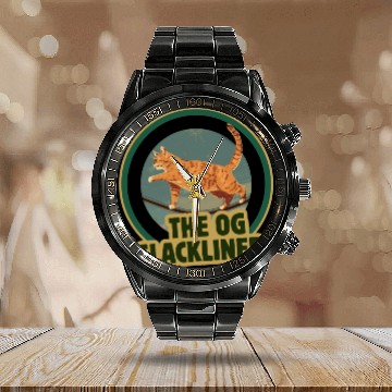 Discover The OG Slackliner – Vintage Cat Walking the Line Calendar Steel Band Watch