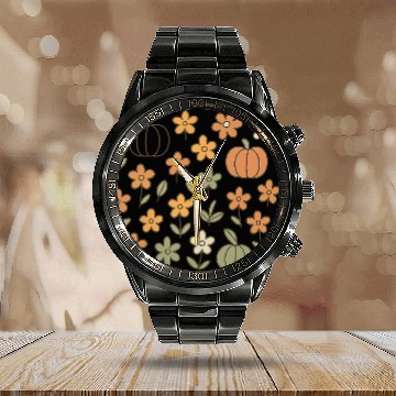 Discover Autumn Pumpkin and Floral Pattern Calendar Steel Band Watch