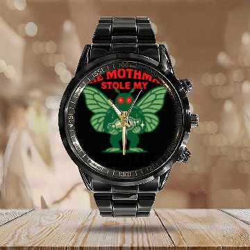 Discover The Mothman Stole My Catalytic Converter – Green M Calendar Steel Band Watch