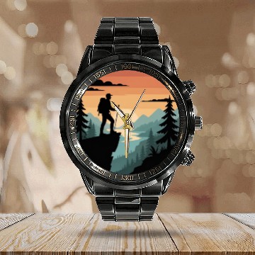 Discover Sunset Mountain Hiker Illustration Calendar Steel Band Watch