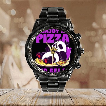 Discover Cute Panda Enjoying Pizza Illustration Calendar Steel Band Watch