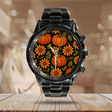 Discover Autumn Pumpkin and Daisy Pattern Calendar Steel Band Watch