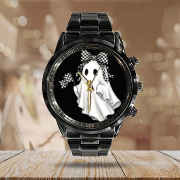 Discover Ghost Boo Checkered Bow Race Day Racing Flag Racer Calendar Steel Band Watch