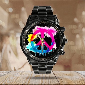 Discover Peace sign neon colors groovy spray paint splatter Calendar Steel Band Watch