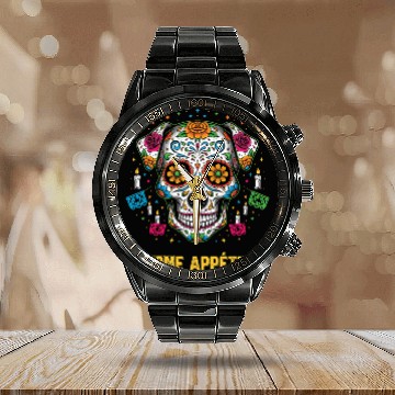 Discover Day of Dead Dog Sugar Skull Art - Bone Appetit Calendar Steel Band Watch