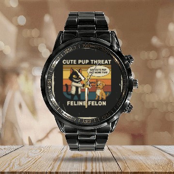Discover Cute Pup Threat Feline Felon Calendar Steel Band Watch