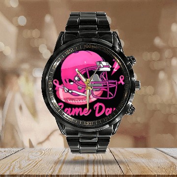 Discover Game Day Pink American Football Tackle Breast Calendar Steel Band Watch