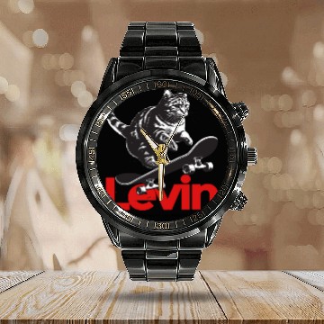 Discover Cool Cat Skateboard with cute Boy Name LEVIN Calendar Steel Band Watch