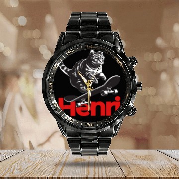 Discover Cool Cat Skateboard with cute Boy Name HENRI Calendar Steel Band Watch