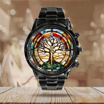 Discover Stained Glass Tree of Life Artwork Calendar Steel Band Watch