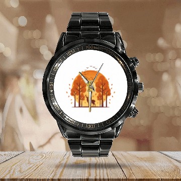 Discover Autumn Sunset Forest Scene Calendar Steel Band Watch
