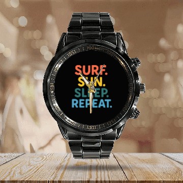 Discover Surf Sun Sleep Repeat Motivational Quote Calendar Steel Band Watch