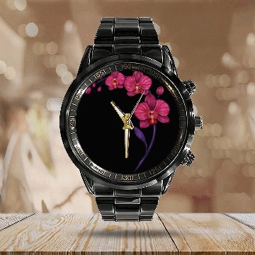 Discover Elegant Violet Pink Orchid Flower Branch Design Calendar Steel Band Watch
