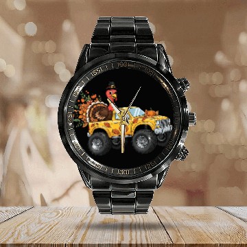 Discover Autumn Thanksgiving Truck with Turkey Calendar Steel Band Watch