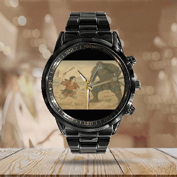 Discover Epic Samurai Duel Illustration Calendar Steel Band Watch