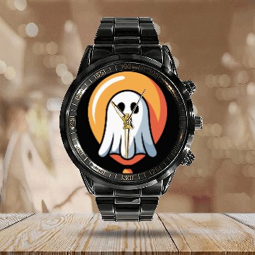 Discover Halloween Ghost with Orange Halo Calendar Steel Band Watch