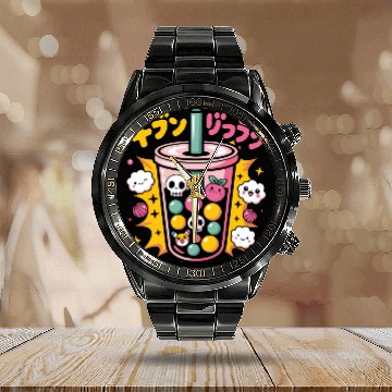 Discover Kawaii Skull Bubble Tea Design Calendar Steel Band Watch