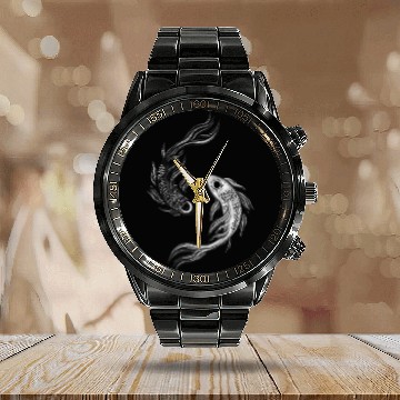 Discover Ethereal Black & White Koi Fish Yin Yang Design Calendar Steel Band Watch