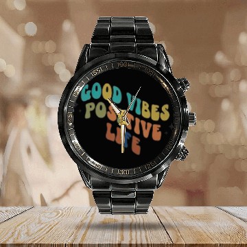 Discover Colorful Positive Vibes Typography Design Calendar Steel Band Watch