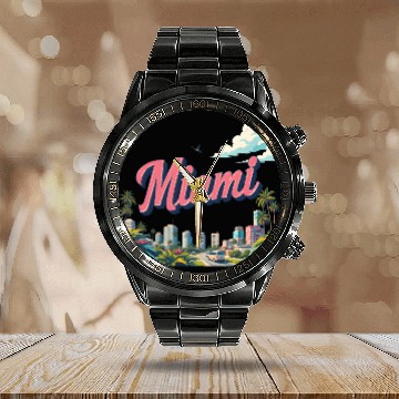 Discover Vibrant Miami Skyline with Tropical Flair Calendar Steel Band Watch