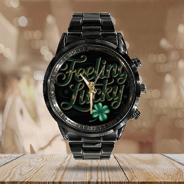 Discover Felling Lucky Shamrock Typography Calendar Steel Band Watch