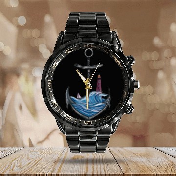 Discover Nautical Anchor with Lighthouse Ocean Seascape Calendar Steel Band Watch
