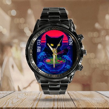 Discover Neon Black Cat Ramen Art Calendar Steel Band Watch