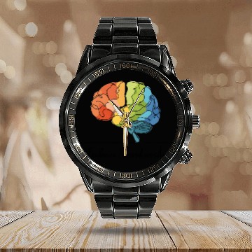 Discover Embrace Neurodiversity - Line Art Rainbow Brain Calendar Steel Band Watch