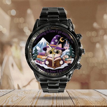 Discover Whimsical Cat Wizard Reading Magic Book Calendar Steel Band Watch