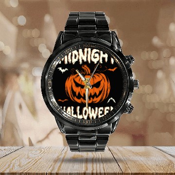 Discover Midnight Halloween Pumpkin Scary Jack-O-Lantern Calendar Steel Band Watch