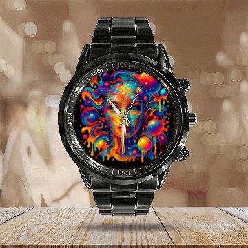 Discover Vivid Psychedelic Woman Portrait Calendar Steel Band Watch